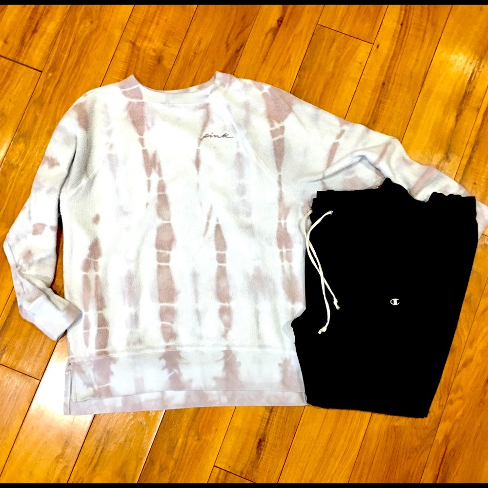 Victoria secret pink tie dye sweatshirt and Champion sweats pants leggin…